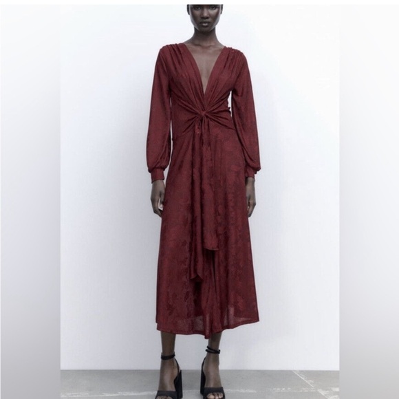 Zara burgundy blogger favorite front tie jacquard midi dress - Picture 1 of 11